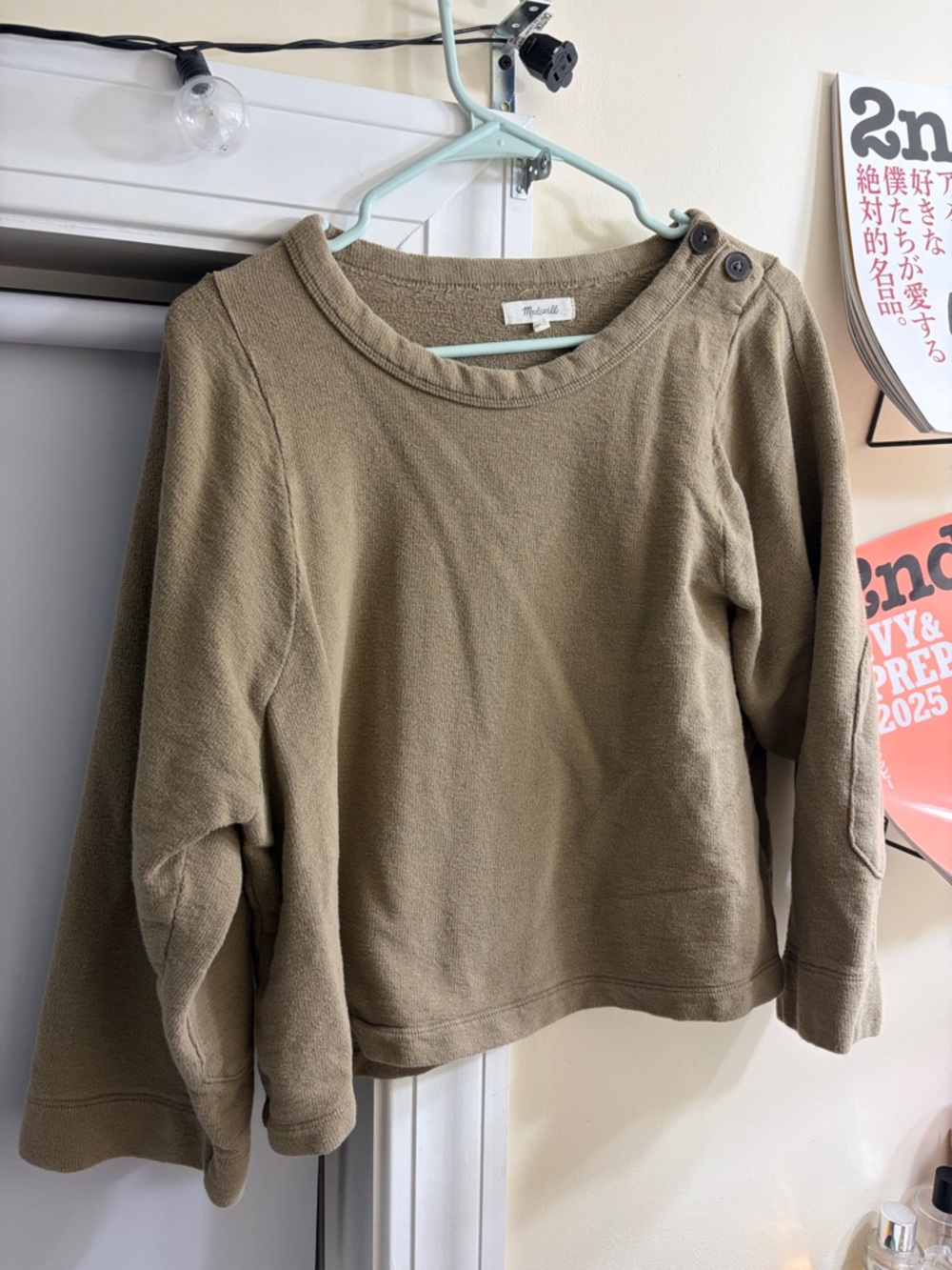 MADEWELL Olive Button-Shoulder Crewneck Sweater